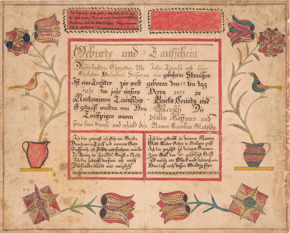 Birth and Baptismal Certificate for Caroline Matilda Transu (b. 1821).