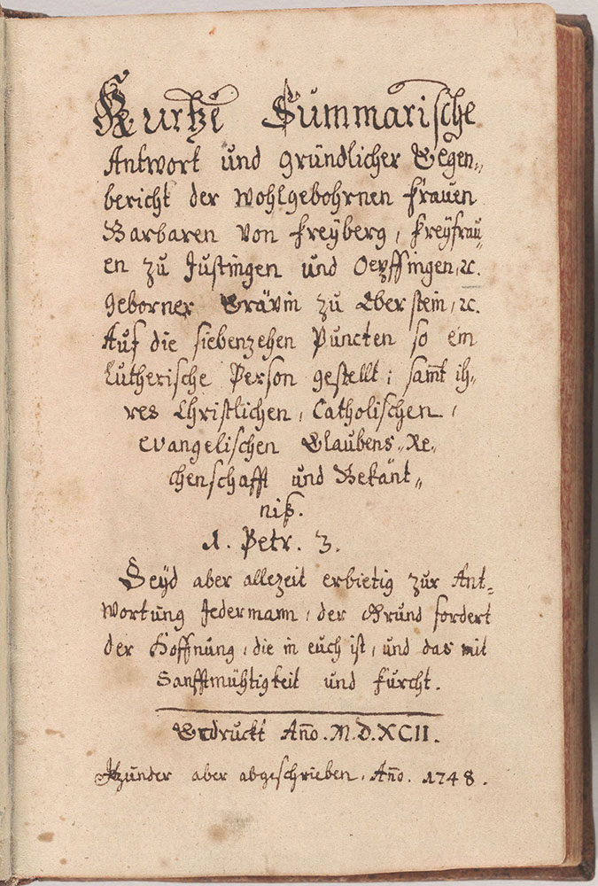 Kurtze summarische Antwort und gründlicher Gegenberichte der Wohlgebohrnen Frauen Barbaren von Freyberg