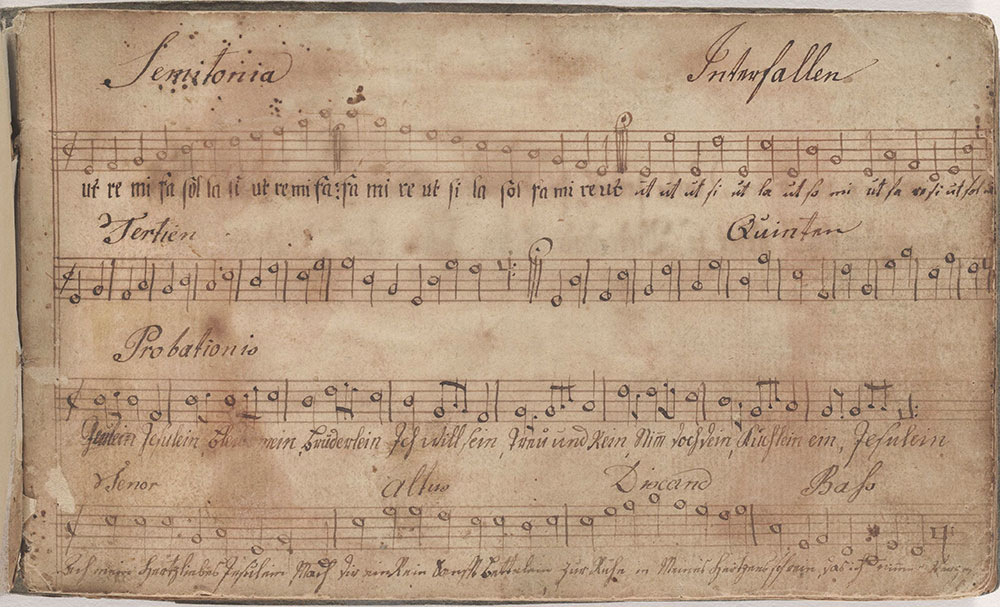 Dieses Noten=Büchlein gehöret Elisabetha Lädtermännin Singschüler in der Tieffronner Schule geschr d. 29ten April A: 1783