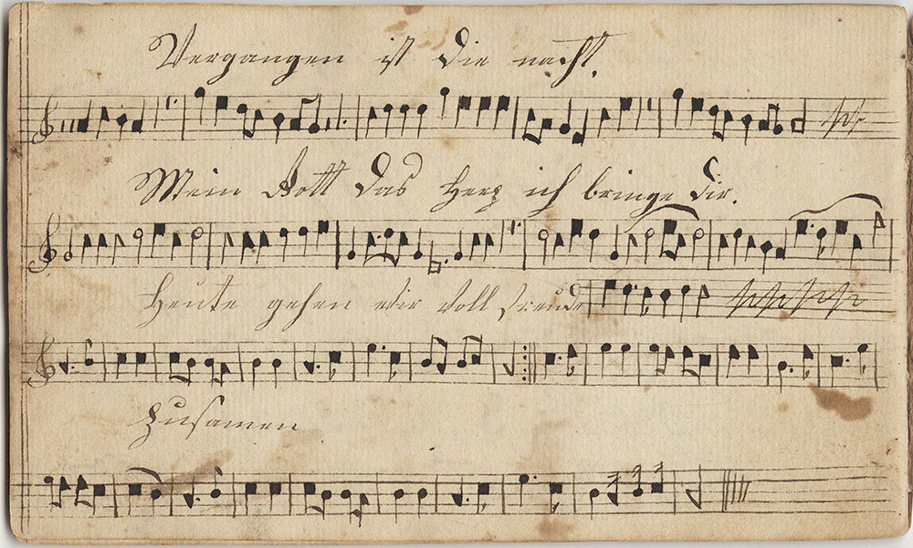 Dieses Harmonische Melodeÿen=Büchlein=Gehöret Jacob Kratz Sing schuler in der Hilltauner schule Geschrieben d 27ten Hornug Im Jahr 1823