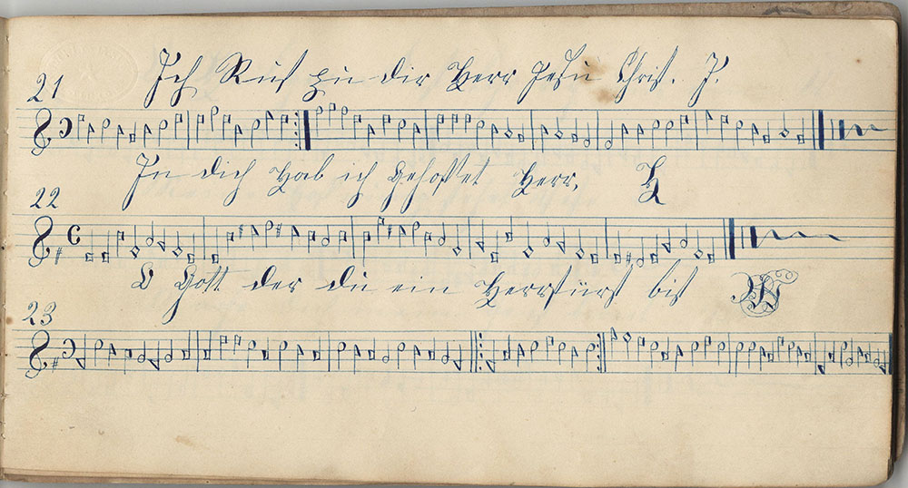 Dieses Harmonische Büchlein Gehöret Barbara Meyerin Sing Schuler zu der Octagon Schule Geschrieben den 13ten Maÿ 1845