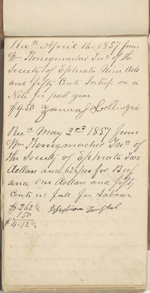 Receipts by William Konigmacher on Behalf of the Society of Ephrata