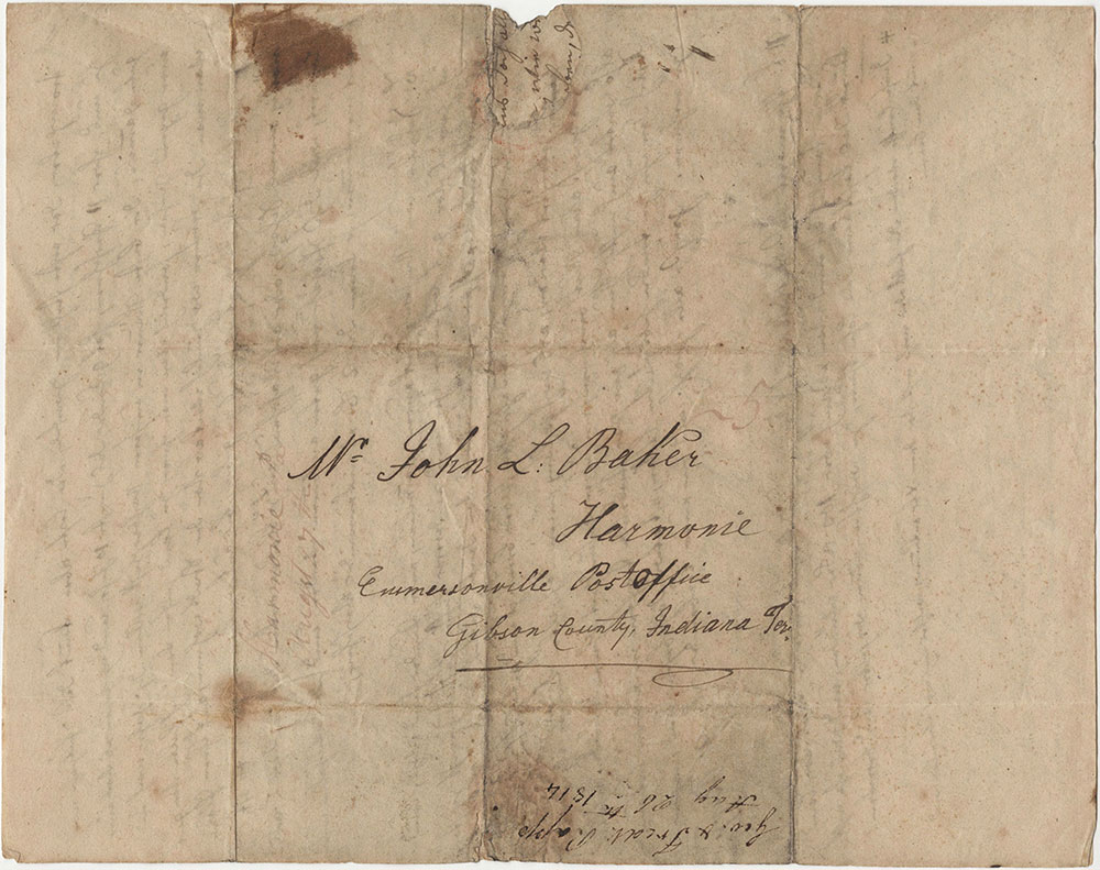 Letter to Mr. John L. Baker of Harmonie, Indiana, Aug. 26, 1814 From Geo. & Fred Rapp