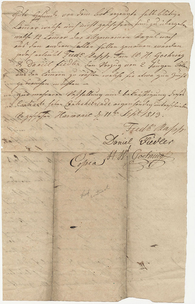 Agreement Among W. H. Goehring, Daniel Fiedler, and Frederick Rapp, Harmonie, Indiana, Sept 11, 1819