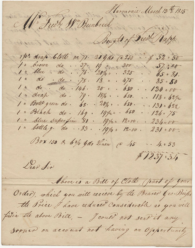Bill of Cloth from Fredk Rapp to Mr. Fredk. W. Beinbrech, Harmonie, Indiana, March 13, 1815