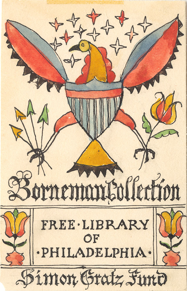 Illustration proof for Borneman Collection bookplate (Bird with Red and Blue Wings)