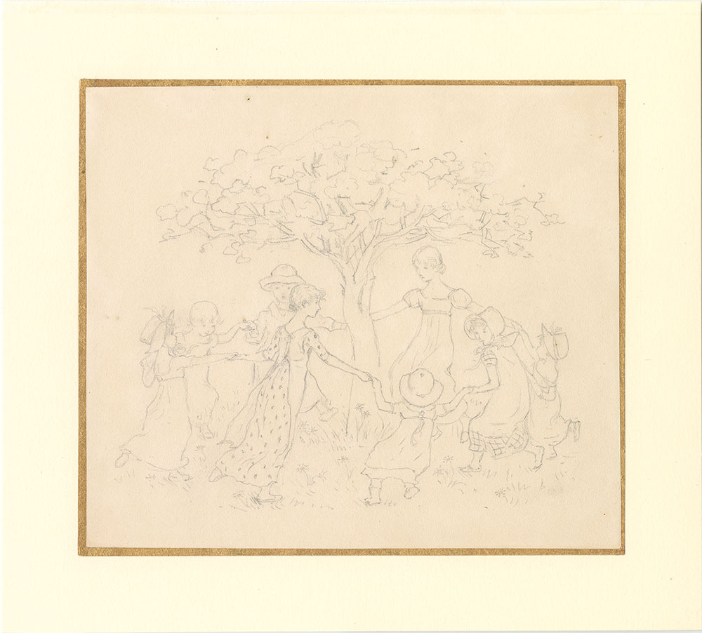 Drawing of eight girls holding hands and dancing around a tree