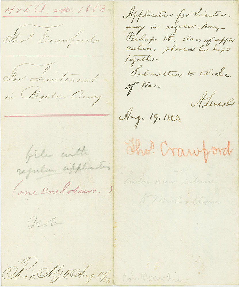 ALs Request of the President to appoint and commission Thomas Crawford as Lieutenant in the regular army