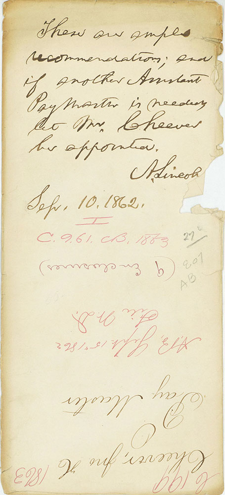Autograph Note signed by Lincoln [envelope]