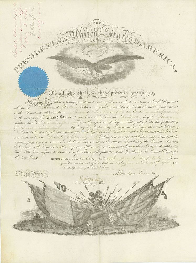 Document on vellum appointing Howard Stockton 2nd lieutenant