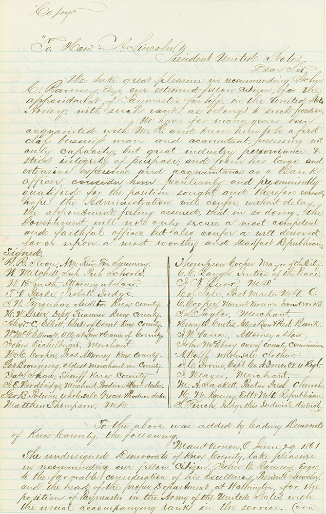 Copy of letter to Lincoln recommending paymaster appointment