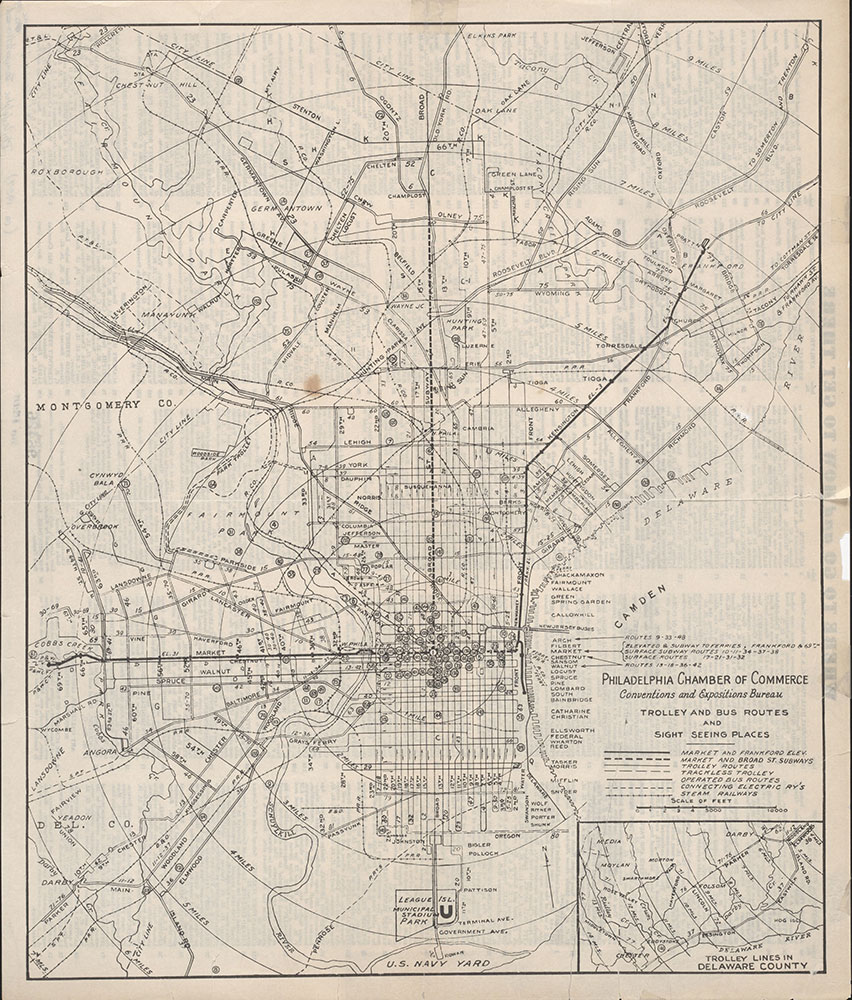 Trolley and Bus Routes and Sight Seeing Places [Philadelphia, PA], c. 1927, Map