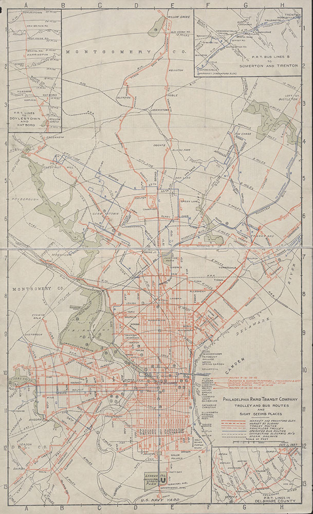 Philadelphia Rapid Transit Company Trolley and Bus Routes and Sight Seeing Places , 1927, Map