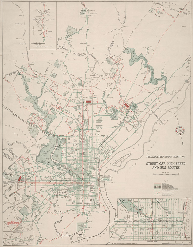Street Car, High Speed & Bus Map of Philadelphia, 1934, Map