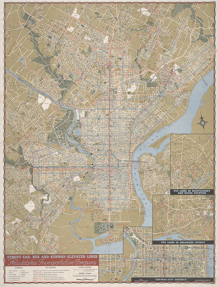 PTC Map of Philadelphia Showing Street Car, Bus and Subway-Elevated Lines, 1941, Map