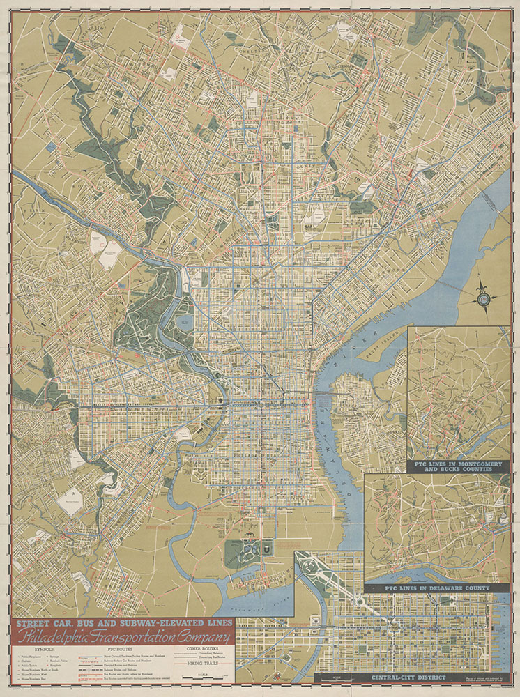 PTC Map of Philadelphia Showing Street Car, Bus and Subway-Elevated Lines, 1943, Map