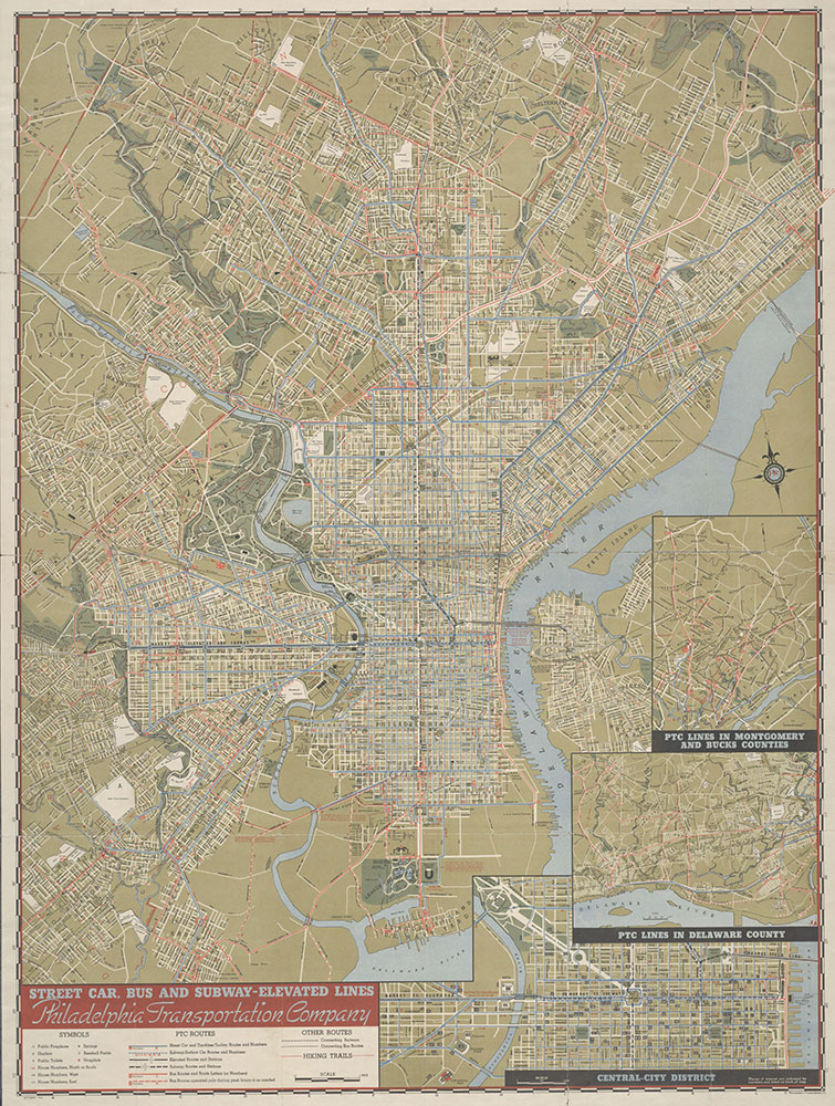 PTC Map of Philadelphia Showing Street Car, Bus and Subway-Elevated Lines, 1944, Map