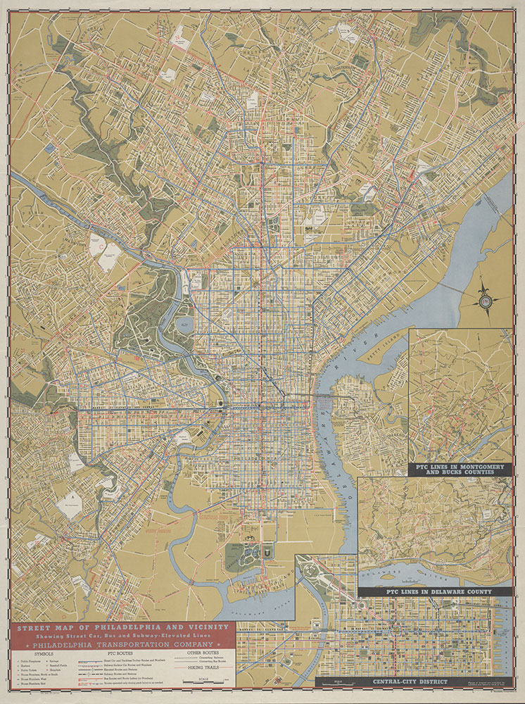 Street Map of Philadelphia and Vicinity Showing Street Car, Bus and Subway-Elevated Lines, 1946, Map