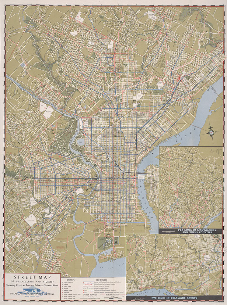 Street Map of Philadelphia and Vicinity Showing Street Car, Bus and Subway-Elevated Lines, 1948, Map