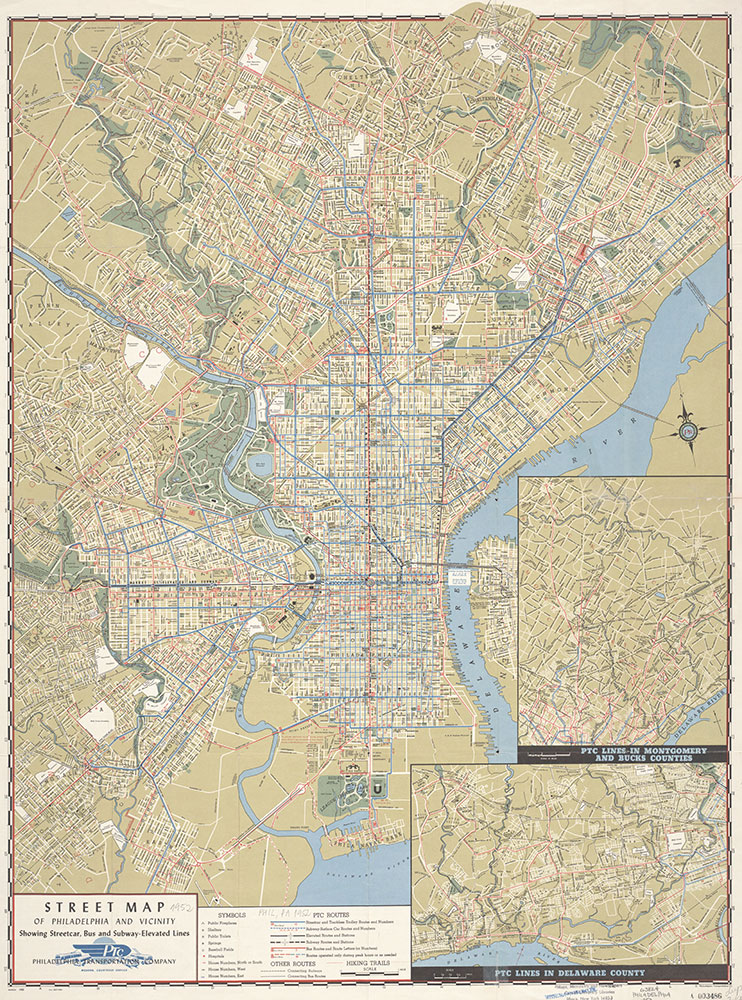 Street Map of Philadelphia and Vicinity Showing Street Car, Bus and Subway-Elevated Lines, 1952, Map