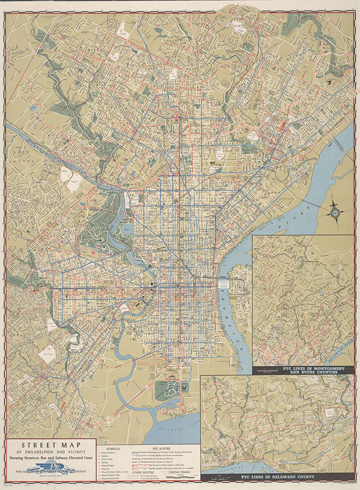 Street and Transit Map of Philadelphia Showing Street Car, Bus and Subway-Elevated Lines, 1953, Map