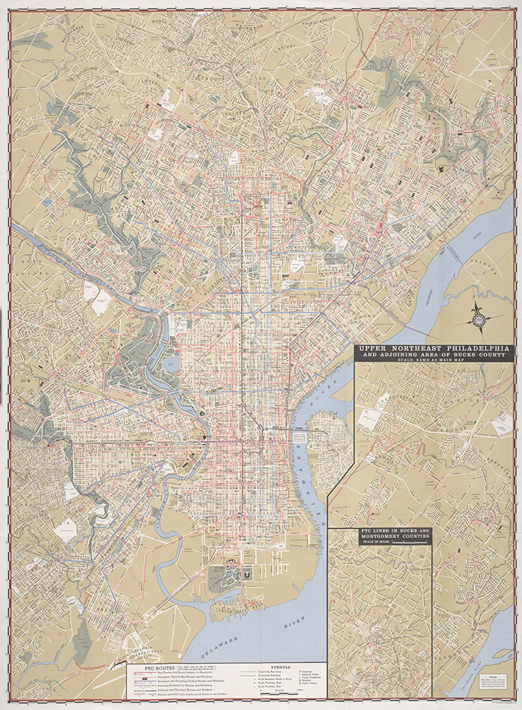 PTC Street and Transit Map of Philadelphia Showing Street Car, Bus and Subway-Elevated Lines, 1964, Map