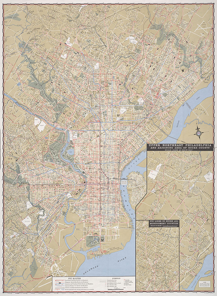 PTC Street and Transit Map of Philadelphia Showing Street Car, Bus and Subway-Elevated Lines, 1966, Map