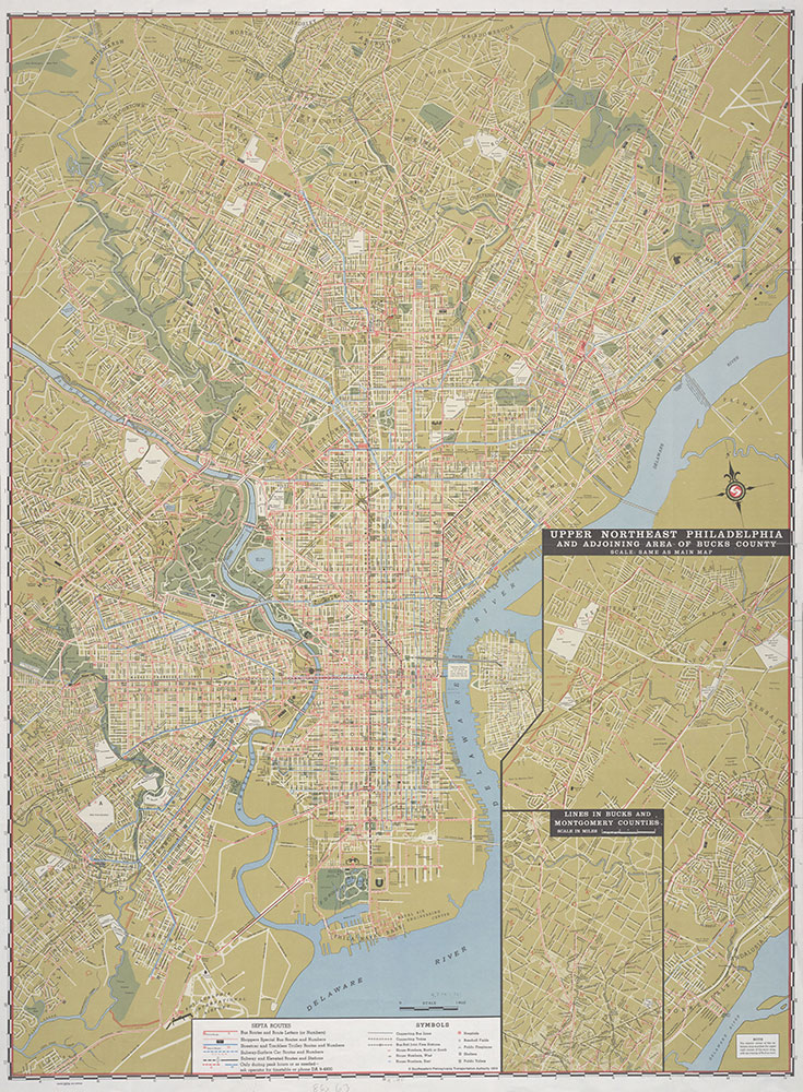 Street and Transit Map of Historical Philadelphia Showing Bus, Trolley, Rapid Transit, and Rail Commuter Lines, 1976, Map