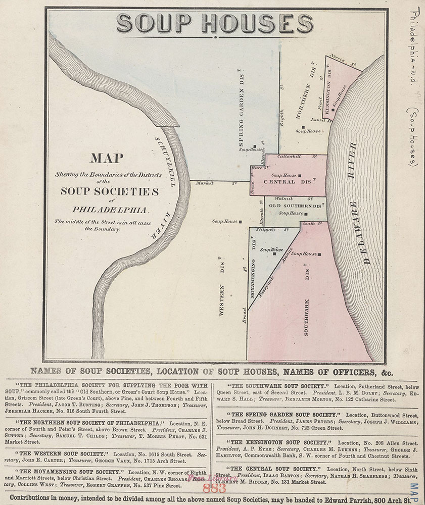 Soup Houses: Map Shewing the Boundaries of the Districts of the Soup Societies of Philadelphia, [1862?], Map