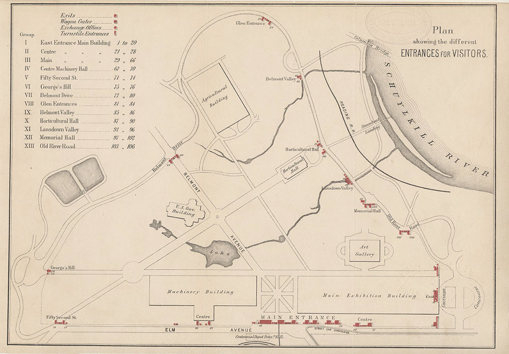Plan Showing the Different Entrances For Visitors [Fairmount Park], 1876, Map