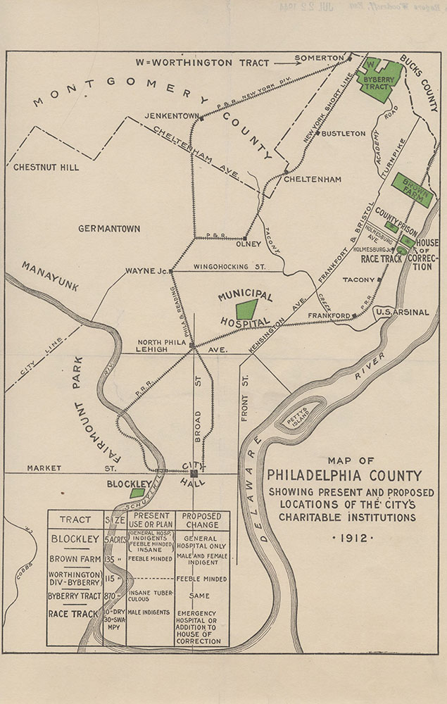 Map of Philadelphia County Showing Present and Proposed Locations of the City's Charitable Institutions, 1912, Map