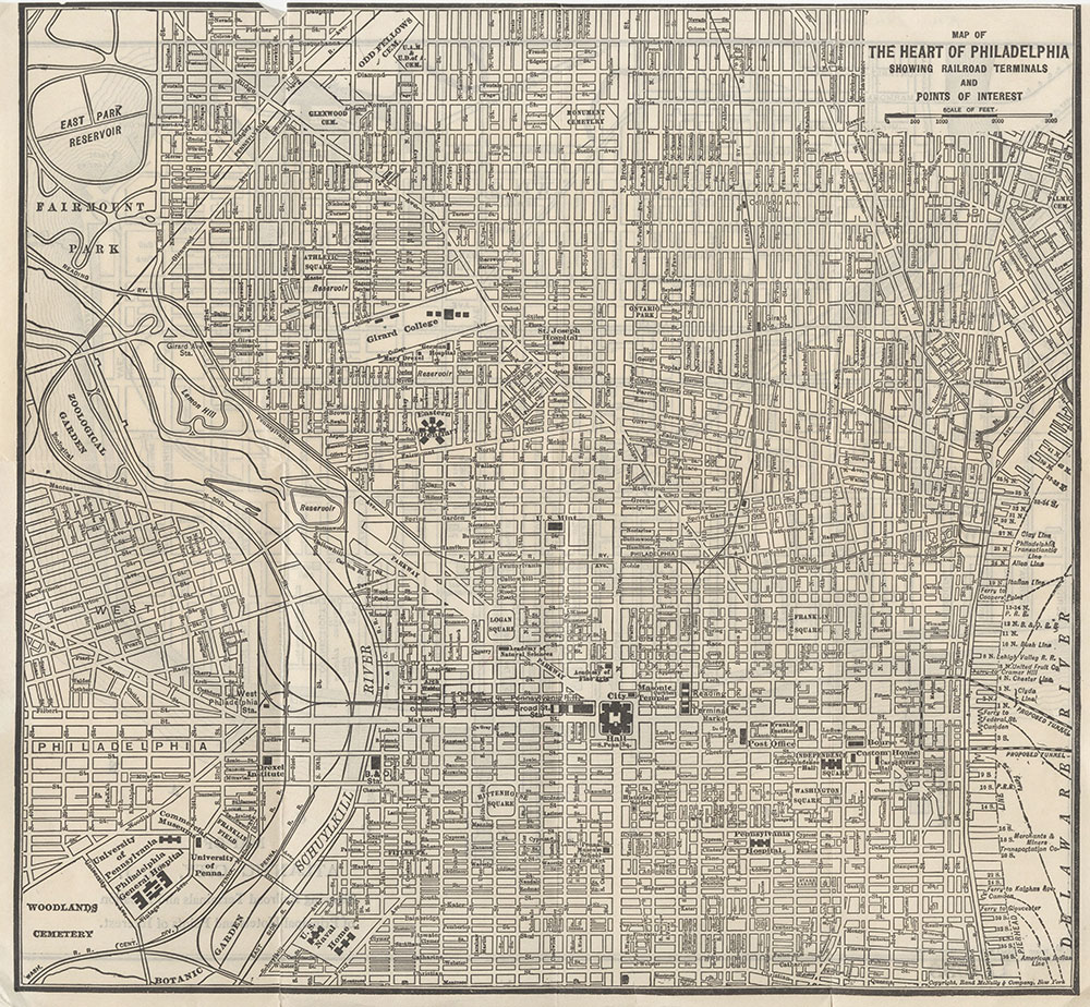 Map of the Heart Of Philadelphia Showing Railroad Terminals and Points of Interest, c.1920, Map