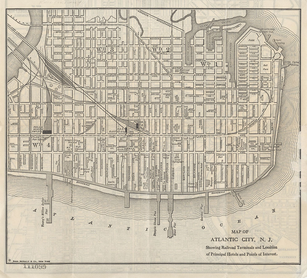 Map of Atlantic City, N.J. Showing Railroad Terminals and Location of Principal Hotels and Points of Interest, c.1920, Map