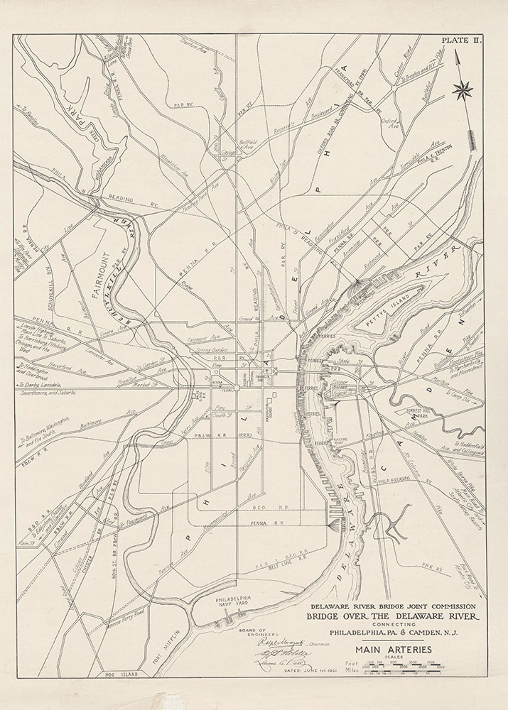 Bridge Over the Delaware River Connecting Philadelphia, PA & Camden N.J., Main Arteries, 1928, Map