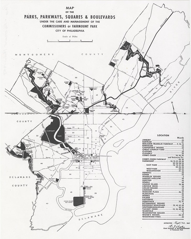 Map of Parks, Parkways, Squares & Boulevards Under the Care and Management of the Commissioners of Fairmount Park: City of Philadelphia, 1943, Map