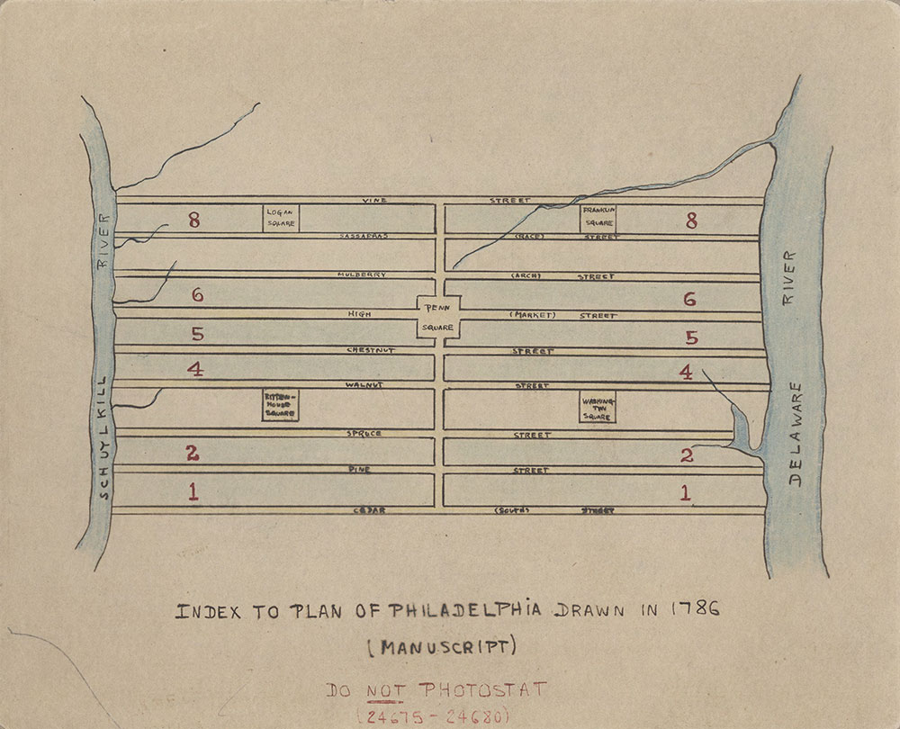 Plans With the Measures of All the Squares, Streets, Lanes and Alleys Between Cedar & Vine Streets and From Delaware to Schuylkill, 1786, Index