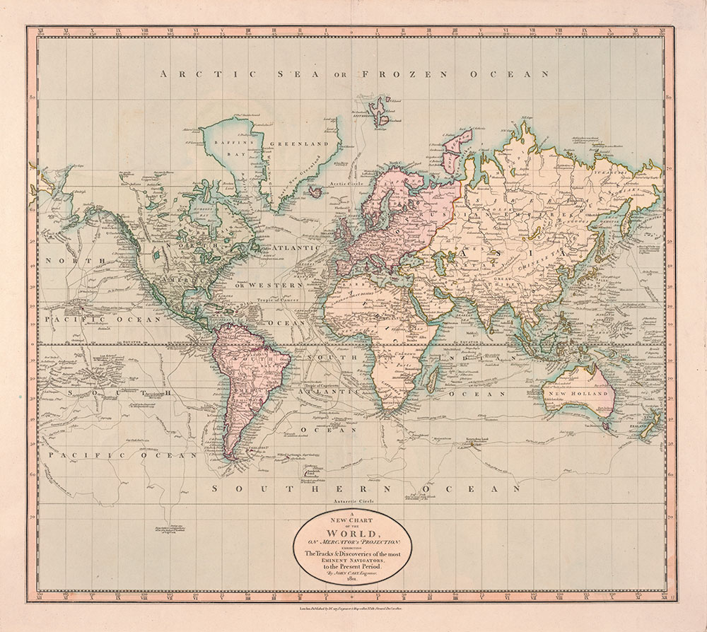 A New Chart of the World on Mercator's Projection: Exhibiting the Tracks & Discoveries of the most Eminent Navigators to the Present Period, 1801, Map