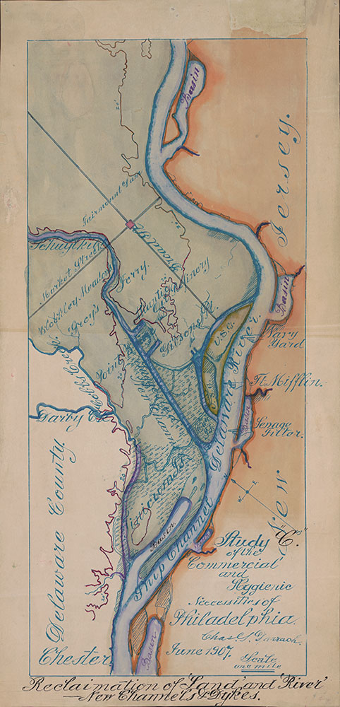 Study of the Commercial and Hygienic Necessities of Philadelphia; Reclaimation of 'Land' and 'River'--New Channels and Dykes, 1907, Map