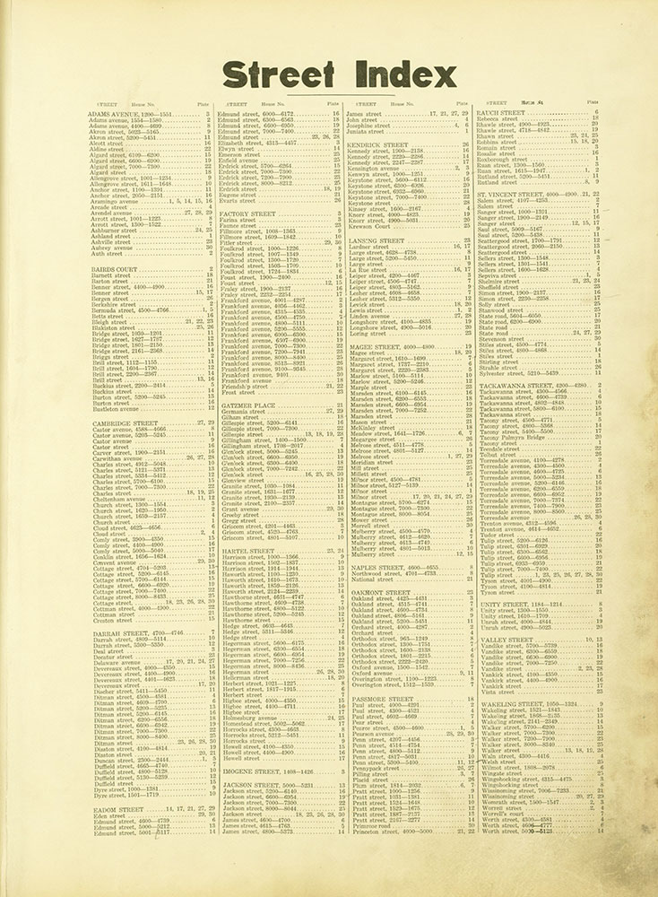 Atlas of the City of Philadelphia, 23rd and 41st Wards, Street Index