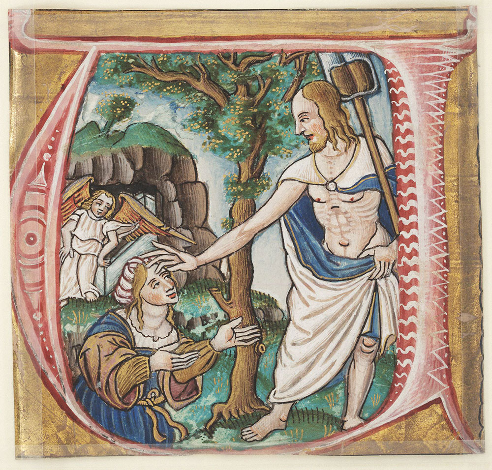Historiated initial U depicting the Resurrected Christ blessing Mary Magdalene