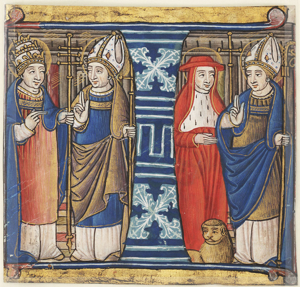 Historiated initial I depicting a pope, cardinal, and bishops
