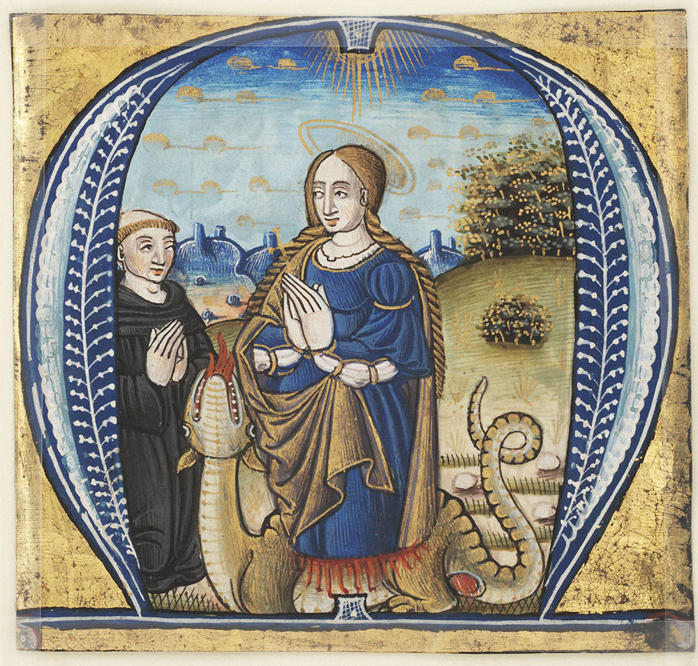Historiated initial M depicting Saint Margaret of Antioch