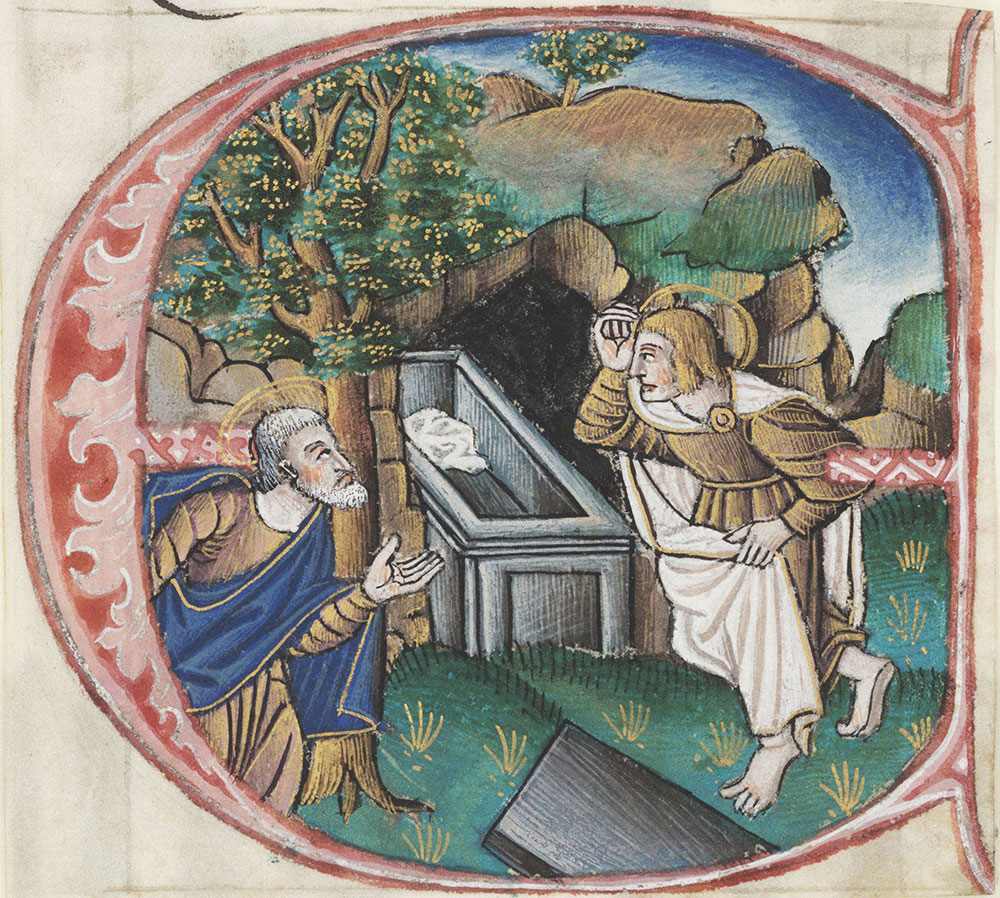 Historiated initial G depicting John and Peter discovering the empty tomb