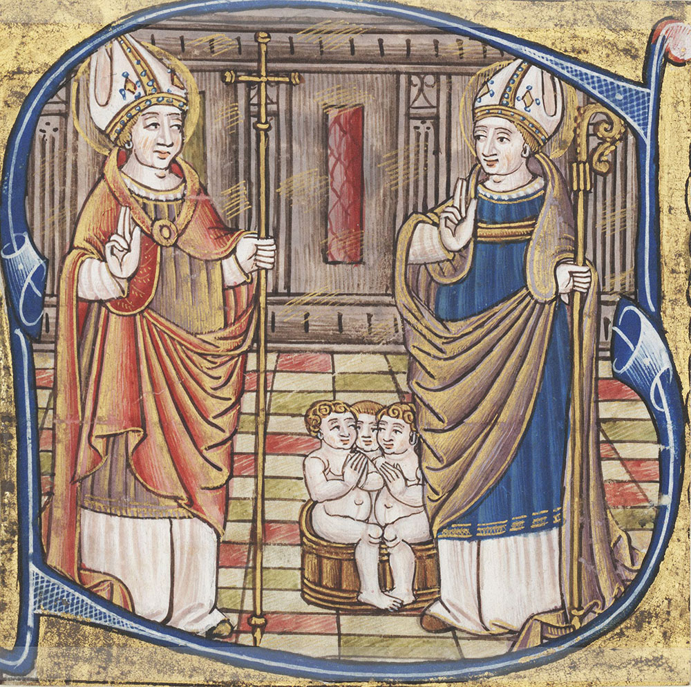 Historiated initial B depicted Saints Nicholas and Julian