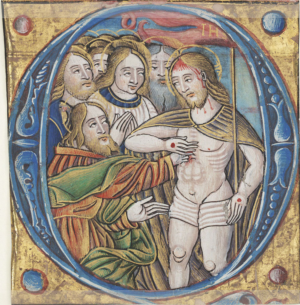 Historiated initial O depicting the Resurrected Christ, St. Thomas, and the Apostles