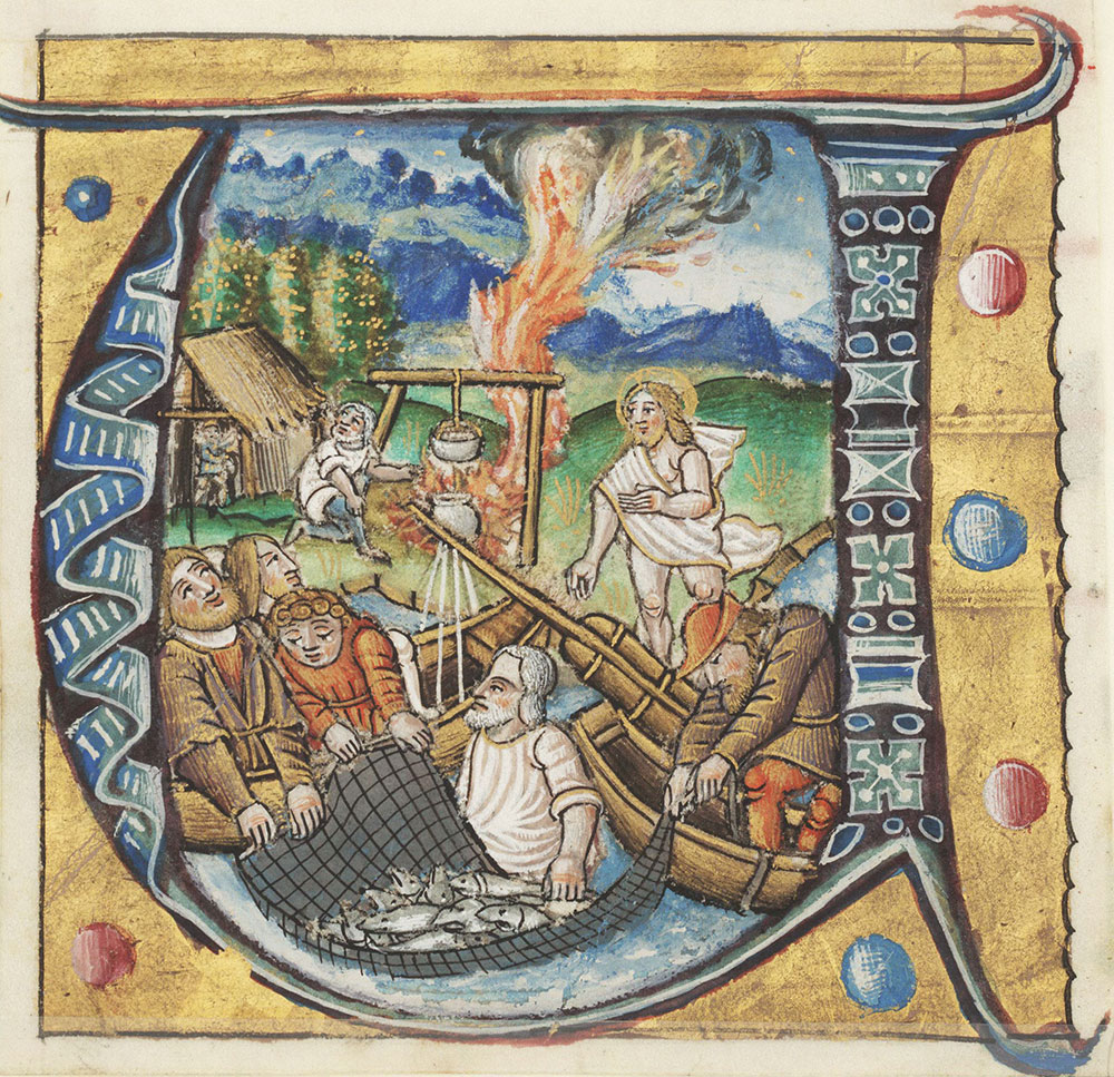 Historiated initial U depicting the second miraculous catch of fish