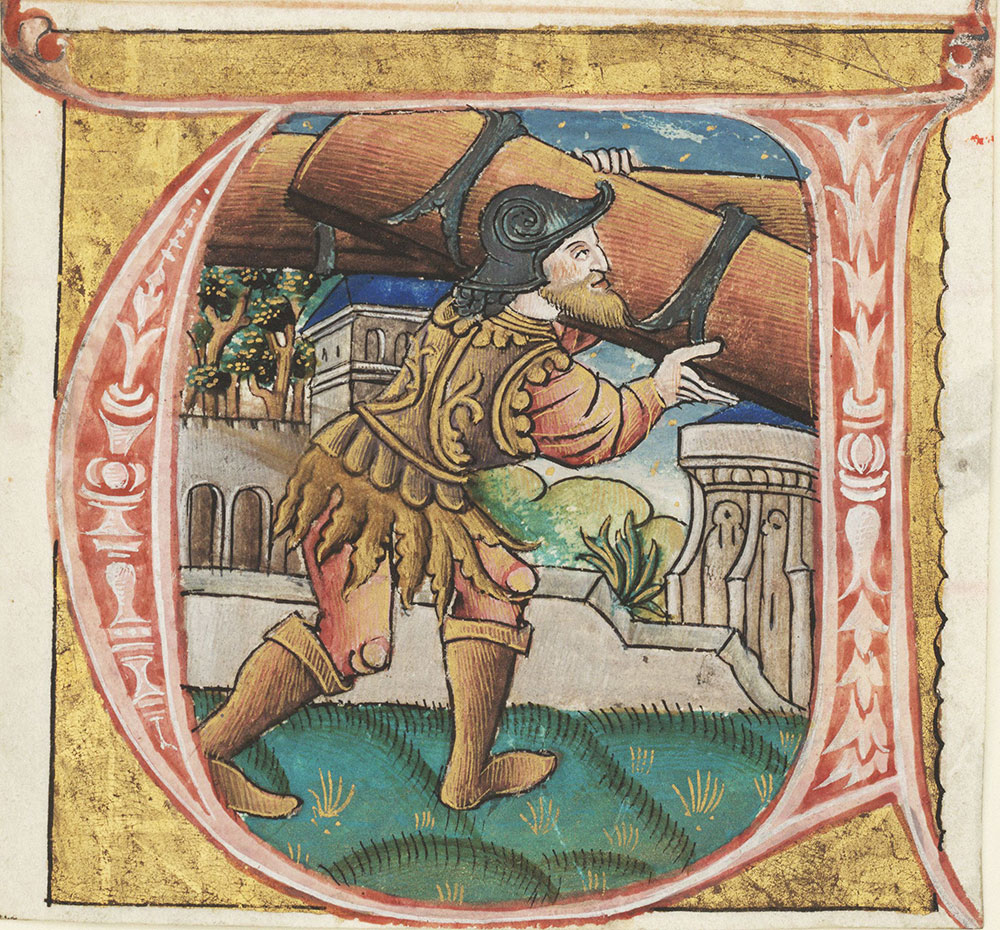 Historiated initial U depicting Samson removing the Gates of Gaza