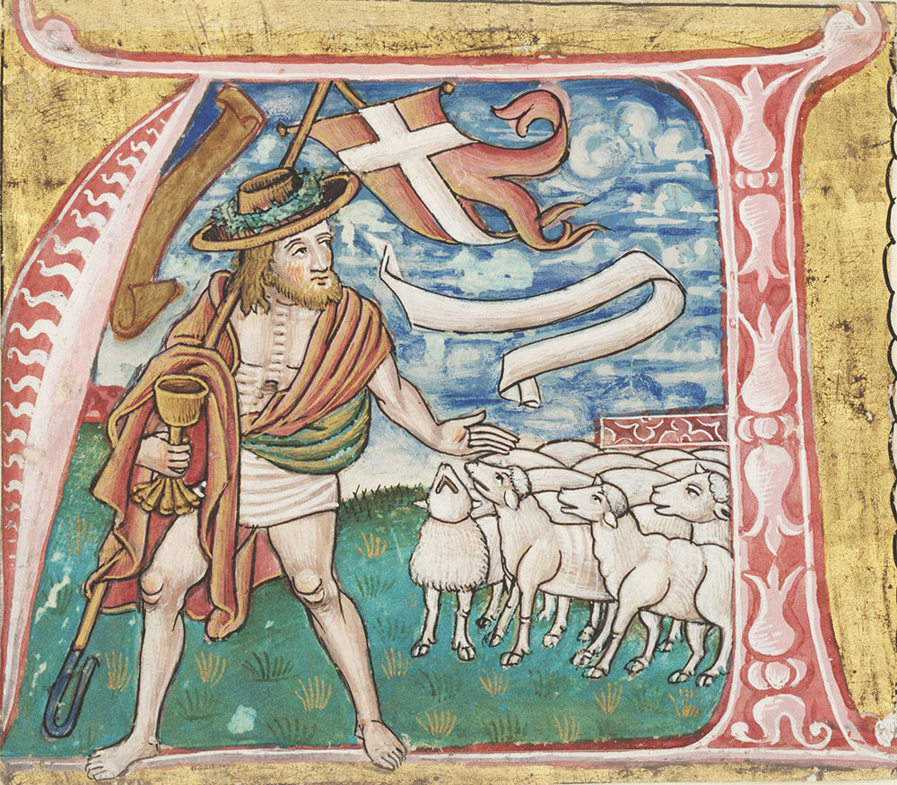 Historiated initial A depicting Christ as the Good Shepherd