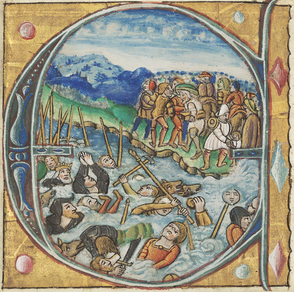 Historiated initial E depicting the destruction of the Egyptians in the Red Sea