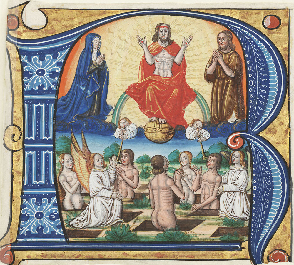 Historiated initial R depicting Christ sitting in judgment